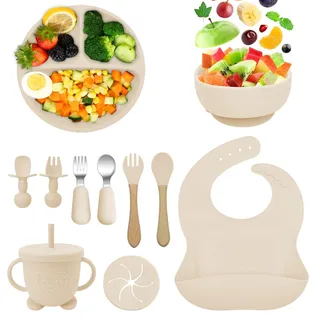 Bizcasa Silikon Baby Geschirrset,11 Stücke Rutschfest Kindergeschirr Set mit Saugnapf,Kindergeschirr Baby-Teller,BPA Frei Esslernbesteck Sets mit Löffel Gabel Schüssel Lätzchen Becher (Beige)