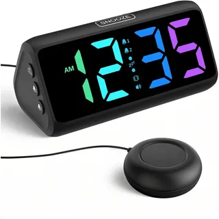 Wecker für Tiefschläfer und Senioren – Vibrationsalarm mit doppelter Funktion – RGB-Display – 5 Helligkeitsstufen – 4 Lautstärkestufen – Schlummermodus – Geeignet für Jugendliche
