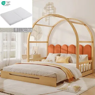 okwish Kinderbett Schiebebett 140x100 cm und 140x200 cm, Schlafsofa, Doppelbett, ausziehbares Gewölbedachbett, Samtkissen, Gestell aus Kiefernholz, Natur und Orange(Mit Matratze) - Naturbelassen