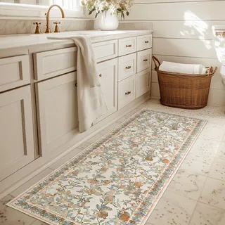 TOPICK Blumen Läufer Flur Waschbar Küche Läufer Kurzflor Vintage Orange-Blau Romantisch Teppich 60x210cm Antibakterieller Faltbar rutschfest Dünn Teppich für Brücken Schlafzimmer Wohnzimmer Flur