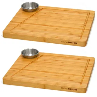 DuneDesign 2X Steakteller Holz mit Dipschalen - 30x25cm Bambus Teller Set - Grill Servierplatte Holzbrett Küche Gastro Zubehör Burger Tablett Grill Zubehör - Sushi Geschirr Set 4 Personen Sushi Deko