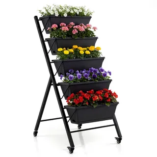 COSTWAY Vertikales Hochbeet 5 Etagen, Vertikalbeet mit Rollen, Blumenbeet mit Pflanzkästen, Metall, Blumenkasten Blumentreppe Pflanztreppe, Gemüsebeet Kräuterbeet Garten, 57 x 68 x 117 cm