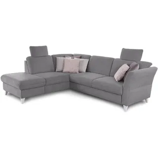 CAVADORE Eckcouch Trend / Skandinavisches Ecksofa mit Federkern, Ottomane und 2 Kopfstützen / 252 x 86 x 213 / Chenille, Grau