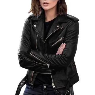 Lederjacken Für Damen: Schwarz Echtleder Herbst mit Gürtel Bikerjacke Kunstlederjacke Oversize Elegant Winter Vintage Leather Jacket Lederjacke Lang Damen-Jacken Ledermantel