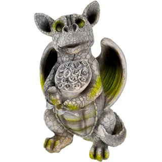 Kremers Schatzkiste Gartenfigur Süsser Drache mit Blumenstrauss 25cm Dekoration Deko für den Garten Drachenfigur Vaklentinstag Geschenk