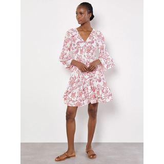 Minikleid APRICOT "Smok-Minikleid", Damen, Gr. XS (34), N-Gr, rosa (pink), gewebt, Obermaterial: 100% Viskose CV., gemustert, figurbetont, V-Ausschnitt, Trompetenärmel, Kleider Minikleid, mit Trompetenärmeln