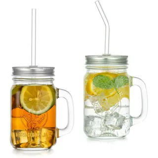 Glas Trinkgläser Mit Deckel und Strohhalm, Vintage Einmachgläser 500ml 2er Mason Jar Wide Mouth Henkelglas Wiederverwendbar Aufbewahrung Smoothie Müsli Oats Dessert Bubbletea Coffee Joghurt Party