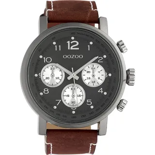 Oozoo Herrenuhr mit Lederband 48 MM Gunmetal/Dunkelgrau/Rotbraun C10061 - Braun