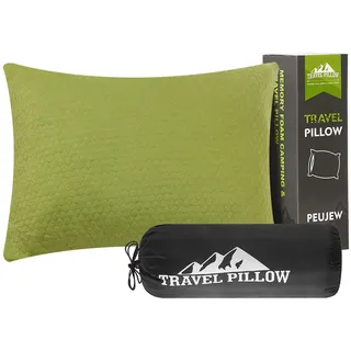 PEUJEW Reisekissen Memory Foam Kissen, Camping Kissen Kleines Kissen 40x30x12 cm, Reisekopfkissen mit Wasserdichter Packsack, Ideal für Flugzeug, Auto und Camping (S, Avocado-Grün)