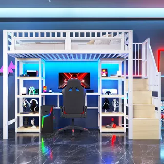 Flieks Etagenbett 90x200cm mit Schreibtisch und Regal, Hochbett mit Treppe, Jugendbett mit Led und Lattenrost, Kinderbett Metallbett Weiß - Weiß