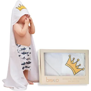 bisoo XL Kapuzenhandtuch Baby - Baby Handtuch mit Kapuze 100x100 cm - Großes Baby Badetuch für Neugeborene - Kaputzenhandtücher mit Stickerei von Krone - 100% Baumwolle Oeko-Tex Zertifikat (Weiß)