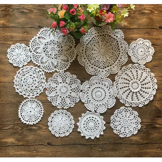 MINDPLUS Set mit 12 Handgehäkelten Deckchen Baumwolle Gehäkelte Spitzen Deckchen Tischset 10-25 cm Rund Weiß Vintage-Hochzeit Teeparty (12 Stück Weiß)