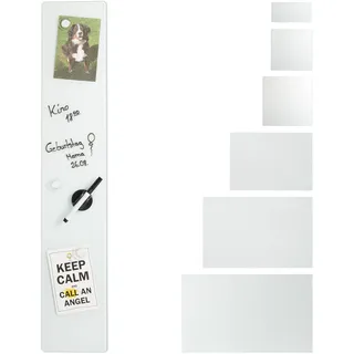 Relaxdays Magnettafel Glas, 15x80 cm, 3 Magneten, Marker, Stiftehalter, Büro & Küche, Sicherheitsglas Magnetboard, weiß