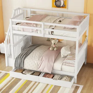 okwish Etagenbett mit 2*Matratze Kinderbett 140 x 200 Stockbett Jugendbett mit 2 Schublade,mit Rausfallschutz,Weiß - Weiß