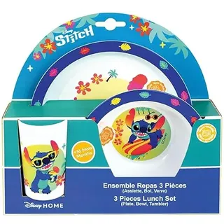 FUN HOUSE Geschirrset Lilo & Stitch für Kinder | 1 Glas, 1 Teller + 1 Schüssel | wiederverwendbar & mikrowellengeeignet | offizielles Disney-Lizenzprodukt | Fan Stitch | französische Marke |