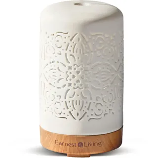 Earnest Living Aroma Diffuser für Ätherische Öle 100 ml - Weißer Keramik Raumduft Duftöl Diffuser - Elektrische Duftlampe, Luftbefeuchter, Nachttischlampe - 7 Lichtfarben, Timer, Abschaltautomatik
