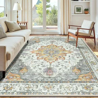 INOVADAY Vintage Waschbarer Teppich Wohnzimmer 150x210 cm Boho Kurzflor rutschfest Teppich Weich Teppiche mit Druckmuster für Schlafzimmer, Esszimmer, Büro Gelb/Grau/Orange/Lila