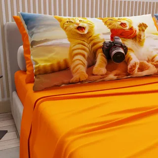 PETTI Artigiani Italiani - Bettwäsche Tiere mit Katzen aus Baumwolle mit Kissenbezügen im Digitaldruck, Bettwäsche für Doppelbett, Orange, 100% Made in Italy