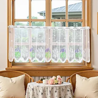 FOSDICK Scheibengardinen Modern Scheibengardine mit Lochleiste Gardinen Küche Landhaus Bistrogardine mit Blumen küchengardinen Transparent Fenstergardinen Vintage Vorhang Küche Weiß, BxH 153x48cm 1St