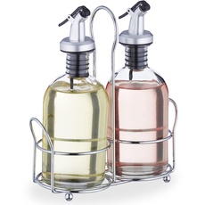 MGE - Essig und Öl Spender Set - Essigkännchen und Ölkännchen - 2 Glasflaschen und Metallhalterung - Edelstahl und Glas - Ölkännchen aus Glas - 2 x 240 mL