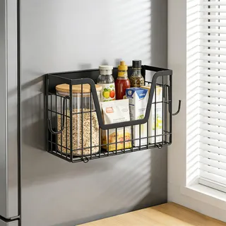 Magnetisches Gewürzregal Kühlschrank Schwarz - Kühlschrank Organizer Magnetisch Mit Starker Tragkraft Bis 10kg - Obstkorb Für Kartoffeln Zwiebeln - Küchen Organizer Ohne Bohren Mit Haken