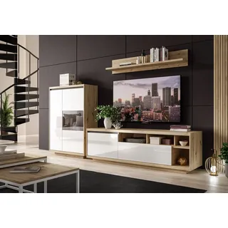 Wohnwand CHENNAI Artisan Eiche/ Weiß Hochglanz - Braun