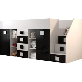 Etagenbett für Kinder Toledo 3 Stockbett mit Treppe, Schreibtisch, Bettkasten (Weiß/Weiß Glanz + Schwarz Glanz, Seite: Rechts) - Weiß, Schwarz