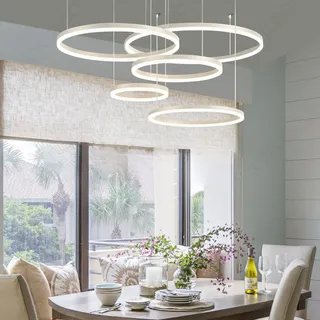 YYUTLUO Moderner DIY-Kreis-LED-Kronleuchter | 5 Weiß Goldringe:20+40+60+80+100cm=130W |LED-Pendelleuchte aus Metall+Acryl 2,4 G Dimmbare Fernbedienung Runde Decken-Hängelampe Wohnzimmer Schlafzimmer