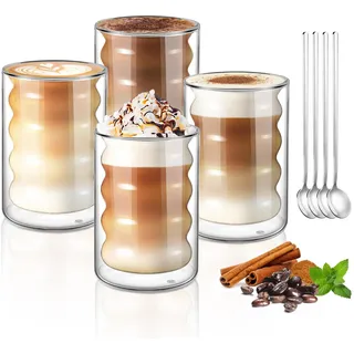 ecooe 350ml Doppelwandige Kaffeegläser Latte Macchiato Gläser 4er Set Einzigartige Spiralförmige Gläser, Doppelwandig Kaffeeglas Teegläser für Cappuccino,Tee, EIS, Milch, Geschenk für Frauen Freund/in