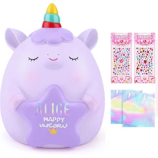 TCJJ Sparschwein Kinder,Einhorn Spardose Mädchen,SparbüChse Für Kinder 2 Alphabet&2 Strass Aufkleber&Einhorn Armband Set,Mädchen Einhorn Geschenke Für Geburtstag, Weihnachten