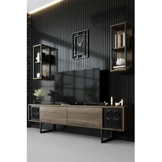 Dmora - Fernsehschrank Kaus, Ständer für Wohnzimmerfernseher, Niedriges Wohnzimmer-Sideboard, TV-Ständerbasis, 180x30h48 cm, Walnuss und Schwarz