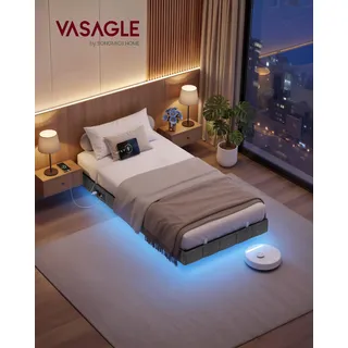 VASAGLE Bettrahmen 90 x 200 cm, mit LED-Beleuchtung, Bettgestell, schwebender Effekt, Steckdosenleiste, grau - Grau