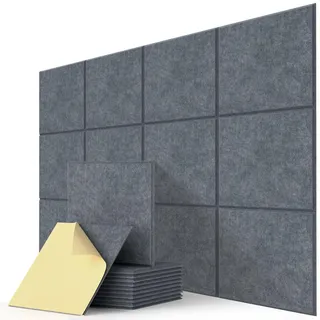 Kuchoow Akustikplatten Selbstklebend Schallabsorber Wand, 12 Stück Quadratisch Filz Wandpaneele Absorber Akustik für Büro, Studio, Decke, Akustische Behandlung Wanddekoration 30x30x0,9 cm Dunkelgrau