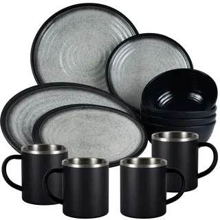 Melamin Geschirr Set Grau Schwarz Edelstahl Thermo Tassen Tonoptik Camping