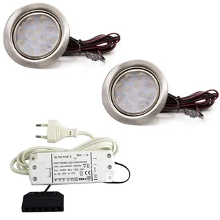 vislux 2er Set LED Möbelleuchte Einbaustrahler Edelstahl Gebürstet flach 3W warmweiß 3200K 200lm 12V + 15W LED Trafo 230V für das Wohnzimmer, Küche und Badd