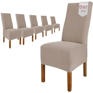 Scheffler Home Stuhlhussen Emma Taupe 6er Set aus Jersey Baumwolle – Elastische Stuhlbezüge für Hochlehner und Polsterstühle, waschbar und formstabil, Oeko-TEX Zertifiziert