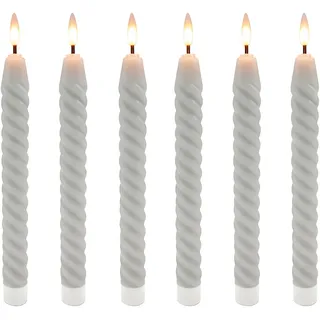 Relaxdays LED Stabkerzen, 6er Set, HxD: 25 x 2 cm, flackernde Flamme, Echtwachs, gedreht, flammenlose Kerzen, hellgrau