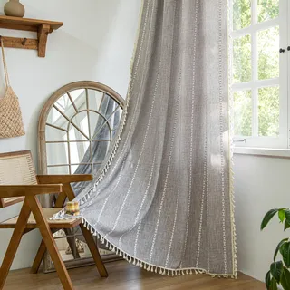 Sutuo Home Braune Boho-Vorhänge, 213,4 cm, für Schlafzimmer, halbverdunkelnd, Leinen, Bauernhaus, Shabby-Chic-Quasten, Fensterbehandlung, böhmische Stickerei, Drapierung für Halloween-Dekor