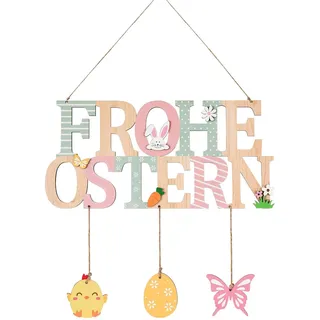 DifenzuSJ Holz Türschild Frohe Ostern, Holz Dekoschild für Ostern, Türschild Willkommen Osterndeko zum Aufhängen an Haustür, Fensterdeko & Wand mit Osterhasen, Eiern, Schmetterlingen