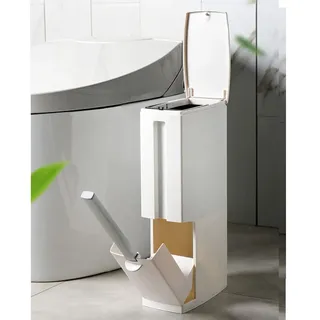 CWLL 11,2 cm breiter Mülleimer mit WC-Bürstenhalter, schlanker Kunststoff-Mülleimer mit Druckdeckel, weiß, rechteckig, moderner Abfalleimer für Badezimmer, Wohnmobile, Wohnheim, Kinderzimmer
