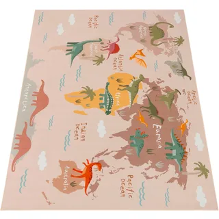 Paco Home Teppich Kinderzimmer Kinderteppich Dinosauriert Welt rutschfest Beige Braun Grün, 140x200 cm
