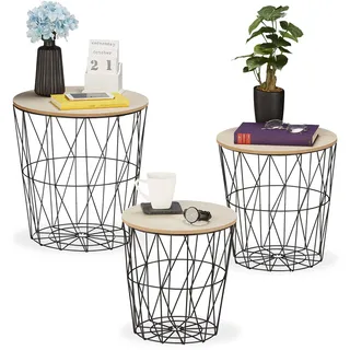 Relaxdays Korbtisch 3er Set, rund, Korb Beistelltisch Wohnzimmer, Metall & Holzoptik, 3 Größen, Drahtkorb-Tisch, schwarz