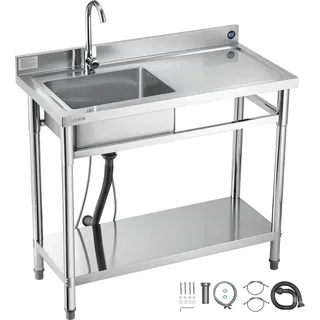 Vevor Spültisch Spülbecken Edelstahl (100 x 50 x 94 cm), Einzelbecken mit Wasserhahn & Ablage, Küchenspüle für Garage Restaurant Wäscherei, Waschtisch Außenspüle mit Arbeitsplatte (recht)