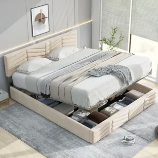 MODFU Polsterbett Boxspringbett 140×200 cm mit höhenverstellbarem Kopfteil und Bettkasten, Doppelbett Holzbett Samt, Beige(Ohne Matratze) - Beige