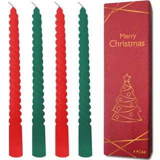 Topsics 4 Stück Spitzkerzen, Weihnachts Spiralkerzen 2 Rote und 2 Grüne, Spiralförmige Stabkerzen ohne Duft 25 cm, Stumpenkerzen für Weihnachtsdekoration