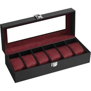 SONGMICS Uhrenbox mit 6 Fächern, Uhrenbox, Schatulle, Glasdeckel, abnehmbare Polster, Schloss aus Metall, Beschichtung in Schwarz und Futter in Bordeauxrot, JWB006R01