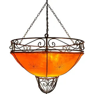 Orientalische Lampe Pendelleuchte Hängeleuchte Demren Orange 45cm Groß | Marokkanische Lederlampe Hennalampe Leuchte mit Henna | Orient Lampen für Wohnzimmer Küche oder Hängend über den Esstisch - Orange