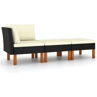3-TLG. Garten-Lounge-Set Poly Rattan und Eukalyptus Massivholz Hocker Couch Essecke Mit Eckbank Und Tisch - Schwarz