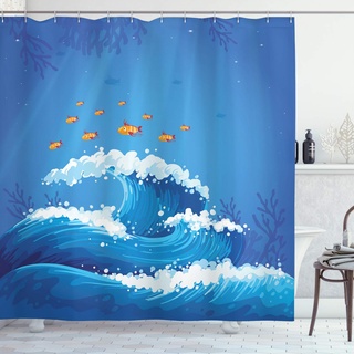 ABAKUHAUS Marine Duschvorhang, Fische und Wellen in Ozean, Stoffliches Gewebe Badezimmerdekorationsset mit Haken, 175 x 200 cm, Violett Blau Orange