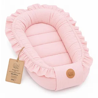 Babynestchen aus Musselin - weiches Nest für Neugeborene atmungsaktiv tragbar 50x90 cm - gemütlicher Kokon für Babybett Kinderbett Stubenwagen Reise und unterwegs Puderrosa